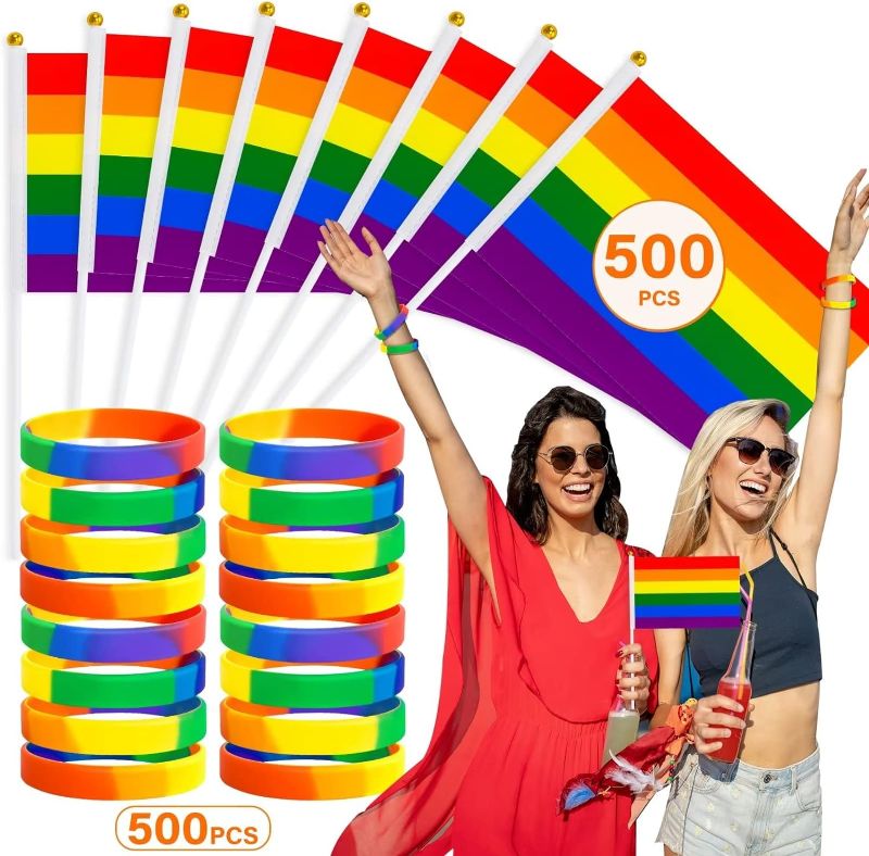Photo 1 of 500 Pack Pride Flags 500Pcs Pride Bracelets, Rainbow LGBTQ Flags, Pride Bracelets for Women Men, Gay Pride Flags Bracelets Bulk, Gay Lesbians Pride Accessories Stuff for Parade Party Favors
