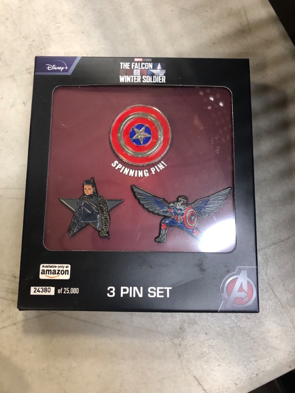 Photo 2 of Marvel Studios: The Falcon and The Winter Soldier Metal based and Enamel 3 Lapel Pin Set with 16cm Officially Licensed Circular Window Box. (Amazon Exclusive)