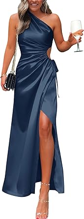 Photo 1 of BTFBM Women 2023 One Shoulder Prom Dresses Sleeveless Cutout Ruched Adjustable Split Satin Party Cocktail Maxi Dress
xl