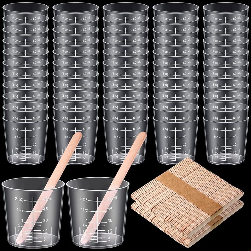 Photo 1 of 200 Pcs 2 Ounce Epoxy Mixing Cups Disposable Measuring Cups for Resin 60 ml Graduated Plastic Medicine Cups Bulk Clear Beaker Cup with 200 Mixing Sticks for Epoxy Stain Mixing Paint Art

