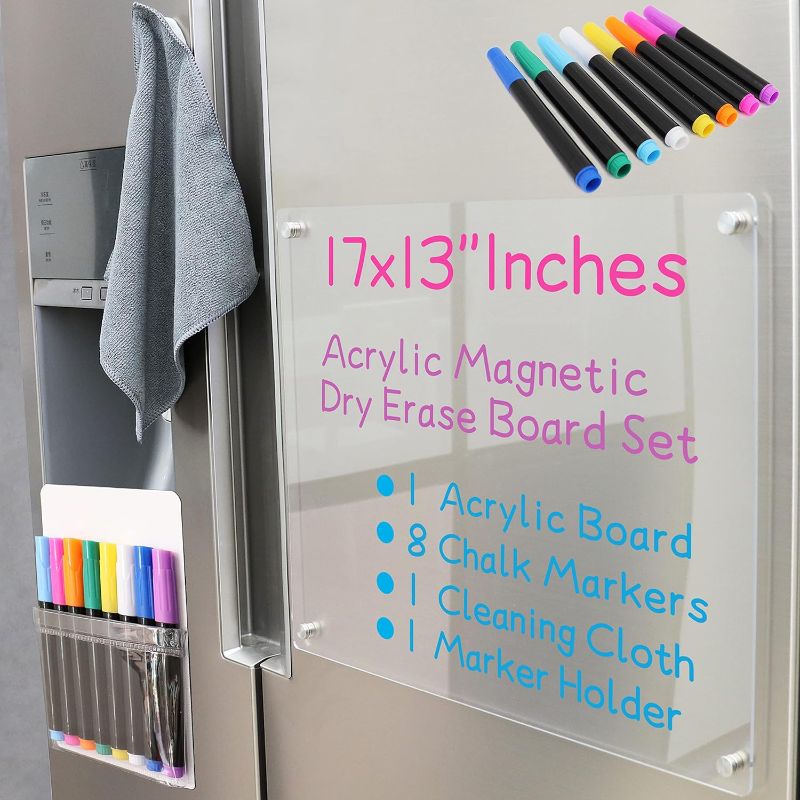 Photo 1 of Acrylic Magnetic Dry Erase Board for Fridge 17x13" Magnetic Whiteboard for Fridge Magnetic Acrylic Dry Erase Board for Refrigerator Clear Acrylic Board Magnet White Board for Fridge Wall 8 Markers
