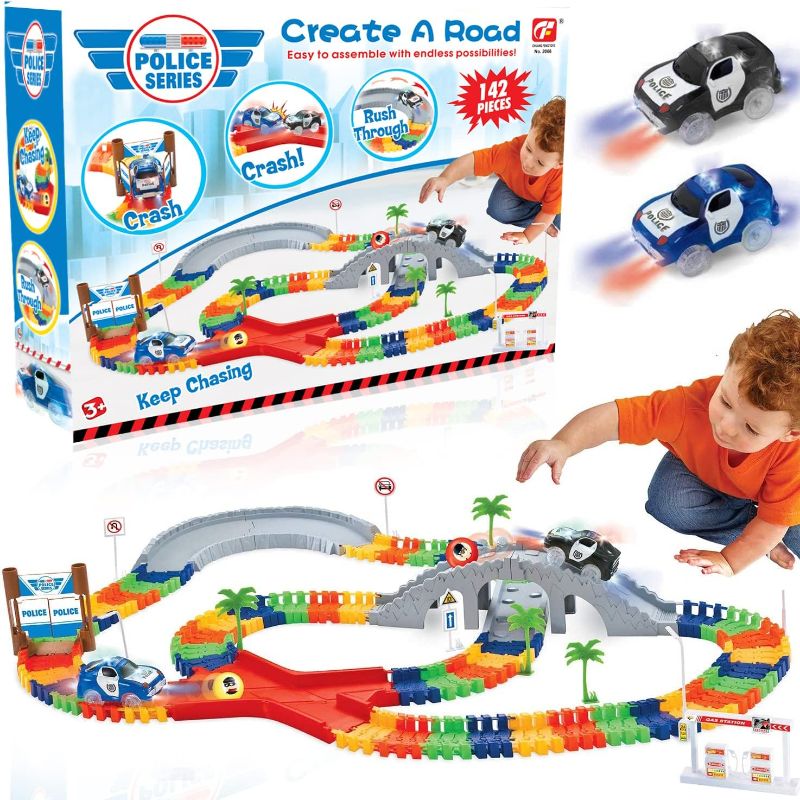 Photo 1 of 142 Pieces Police Patrol Chase Create a Road Super Snap Speedway - Magic Journey Flexible Track Set with LED Light Up Toy Cars
