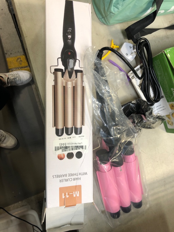 Photo 2 of 3 Barrel Curling Iron Wand Three Barrel Hair Waver Iron Hair Crimper Barrels with 4 Pieces Hair Clips and Heat Resistant Glove, Curling Waver Iron Heating Styling Tools (Pink)