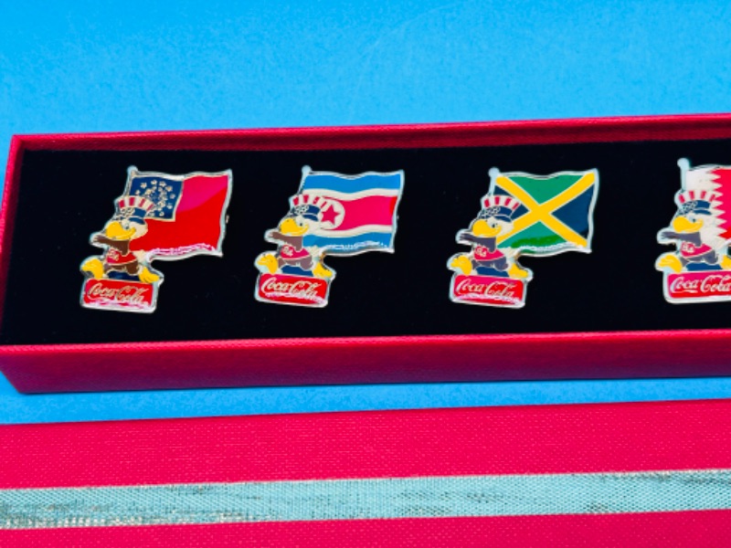 Photo 2 of 811146… 1980’s Coca Cola flag pins in gift box 