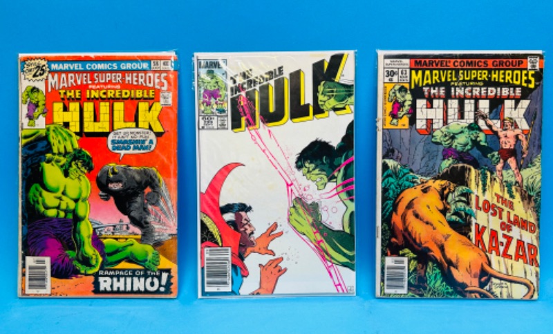 Photo 1 of 811181…damage-vintage hulk comics with stains, rips, and wear from age in plastic sleeves 