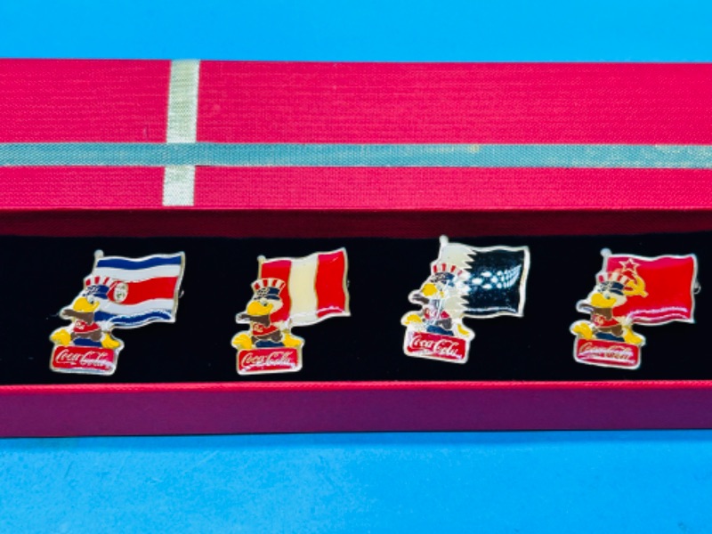 Photo 1 of 811239… 4 vintage Coca Cola Olympic flag pins in gift box