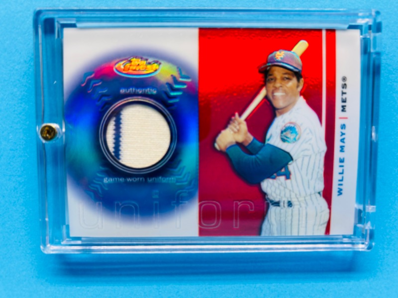 Photo 1 of 811280…Willie Mays authentic jersey worn Topps finest card in hard plastic case 