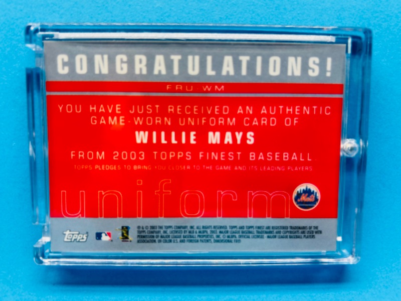 Photo 2 of 811280…Willie Mays authentic jersey worn Topps finest card in hard plastic case 