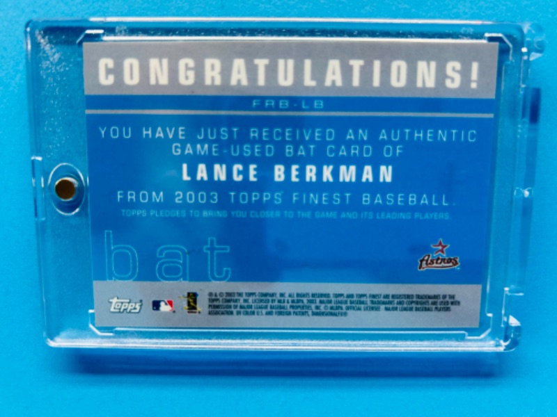 Photo 2 of 811283…Lance Bergman authentic game used bat card Topps Finest in hard plastic case 