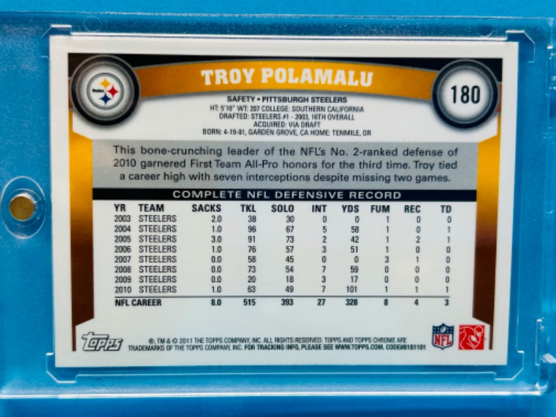 Photo 2 of 811374…topps chrome Troy Polamalu refractor card 180  in hard plastic case