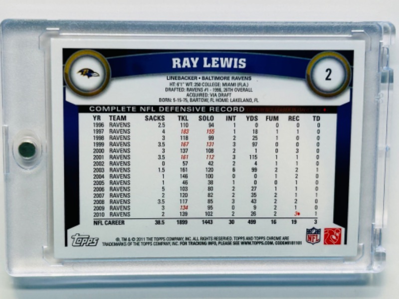 Photo 2 of 811409…Topps Chrome Ray Lewis card 2 in hard plastic case