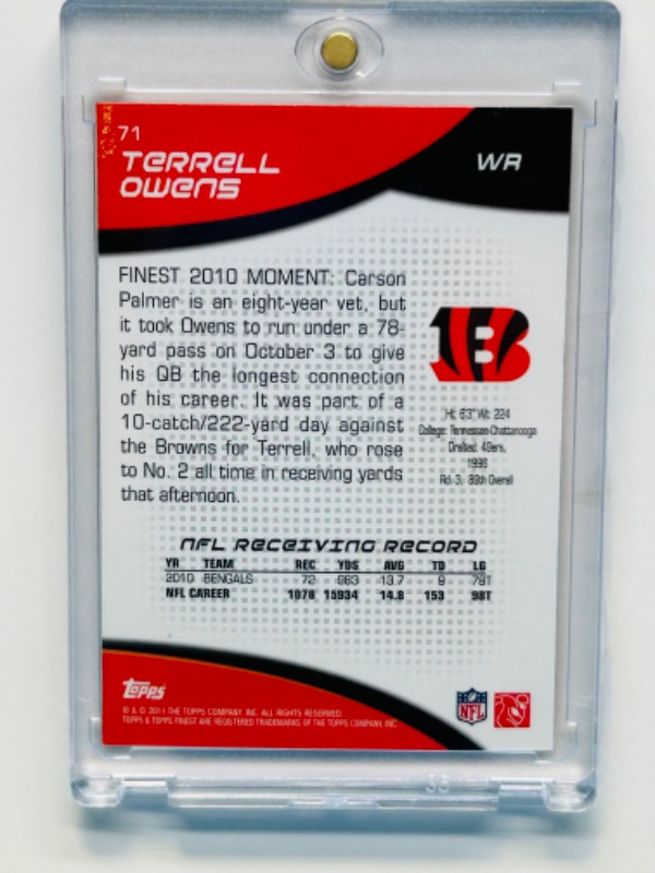 Photo 2 of 811410…topps finest Terrell Owen’s refractor card 71 in hard plastic case