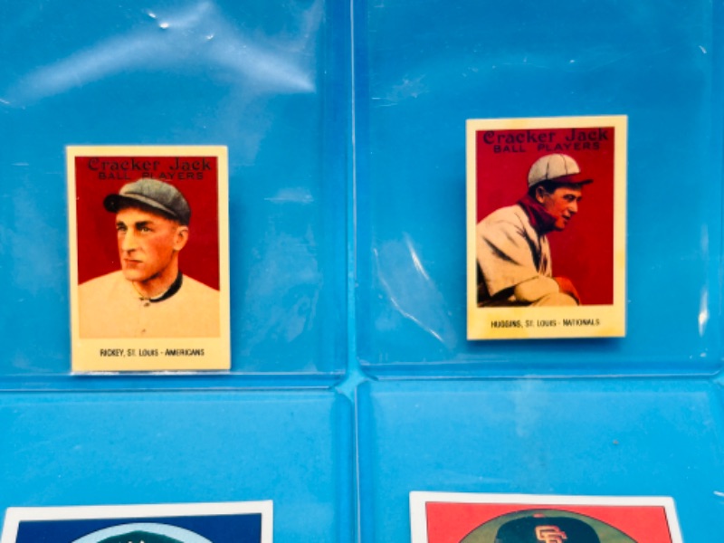 Photo 4 of 811421…3 vintage baseball stickers and Cracker Jack reprint baseball stars in plastic sleeves 