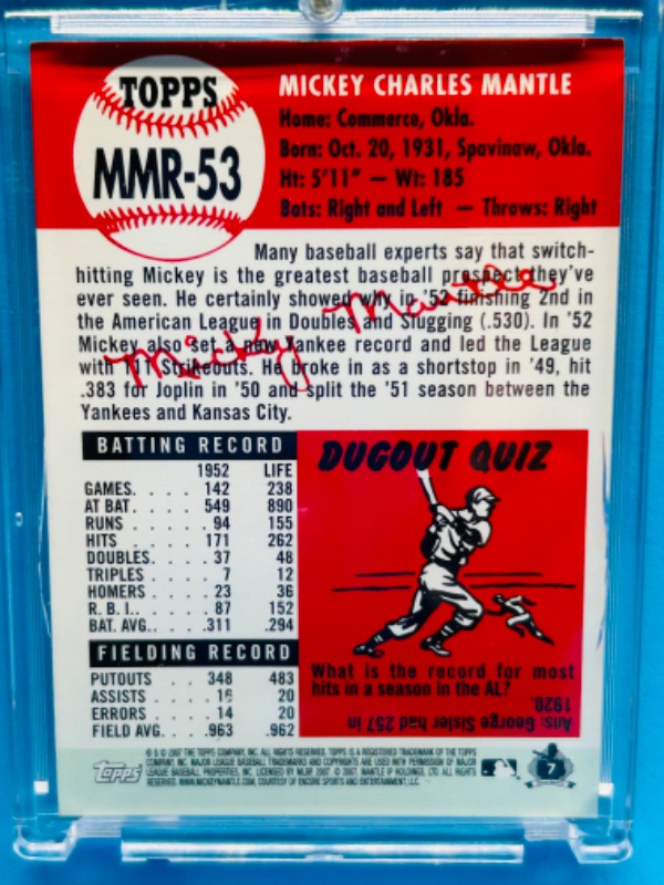 Photo 2 of 811440…topps 2007 Mickey Mantle card MMR-53 used jersey reprint of 1953 in hard plastic case -game jersey 