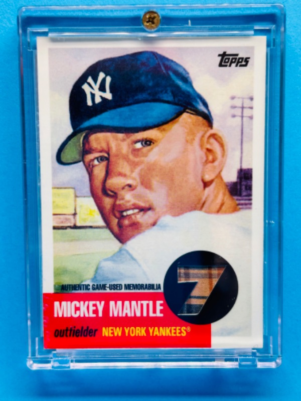 Photo 1 of 811440…topps 2007 Mickey Mantle card MMR-53 used jersey reprint of 1953 in hard plastic case -game jersey 