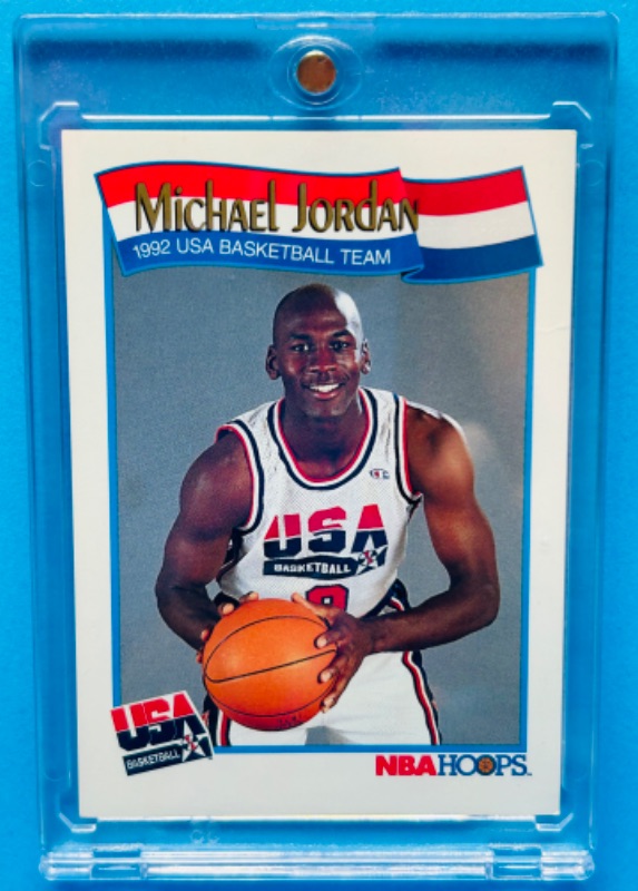 Photo 1 of 811484…NBA Hoops Michael Jordan 1992 USA basketball team card 579 in hard plastic case 