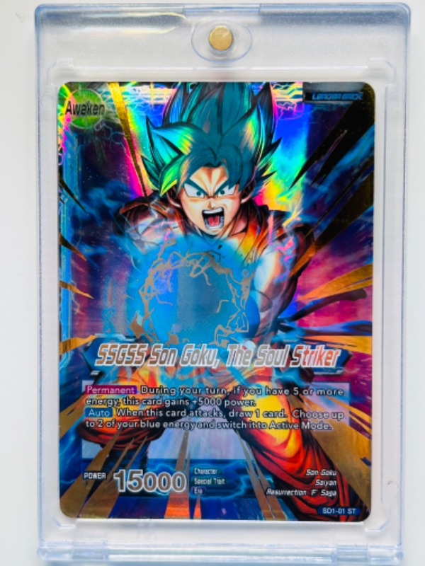 Photo 1 of 811527…Dragonballz Son Goku, the soul striker holo card sd1-01- st  in hard plastic case 