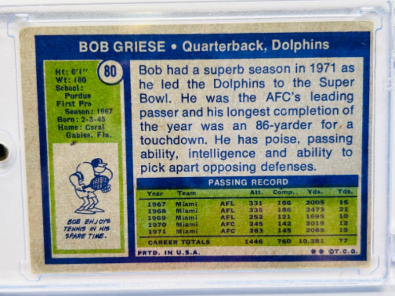 Photo 2 of 811532…vintage Bob Griese card 80  in hard plastic case 