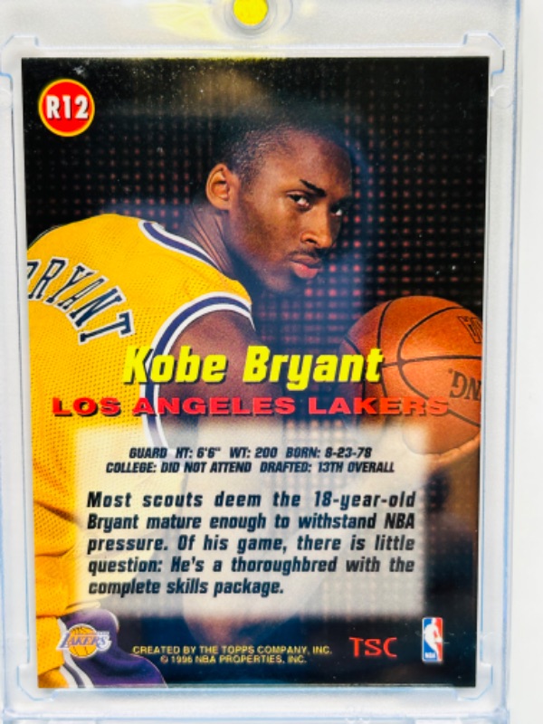 Photo 2 of 811537…Rookie Kobe Bryant Topps stadium club card R12  in hard plastic case 