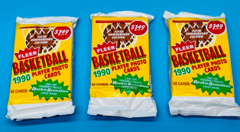 Photo 1 of 811584… 3 sealed Fleer 1990 card packs-possible Michael Jordan -43 cards in each -look for rookie sensation  cards
