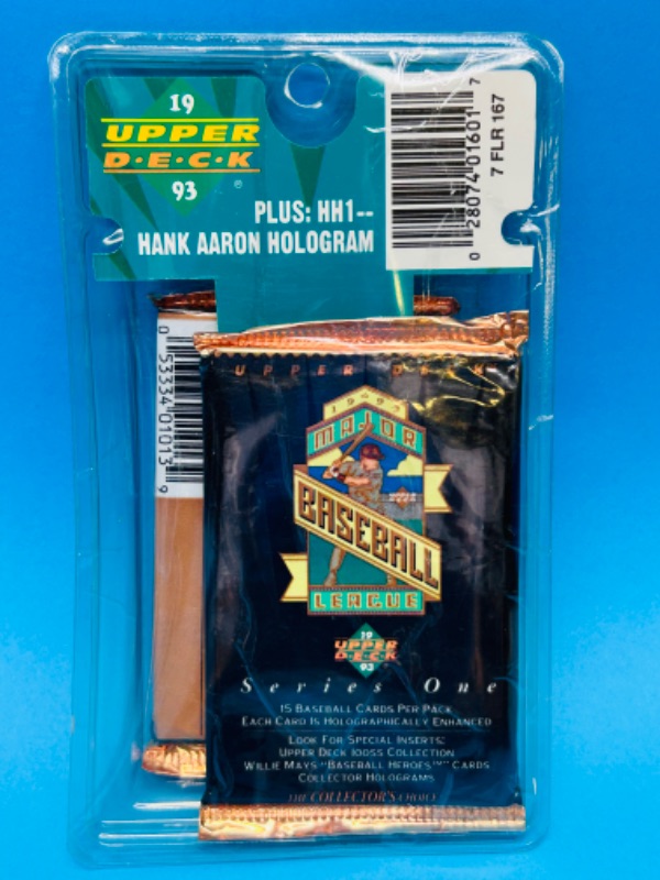 Photo 3 of 811590…sealed 1993 Upper Deck packs and Hank Aaron hologram card in package 