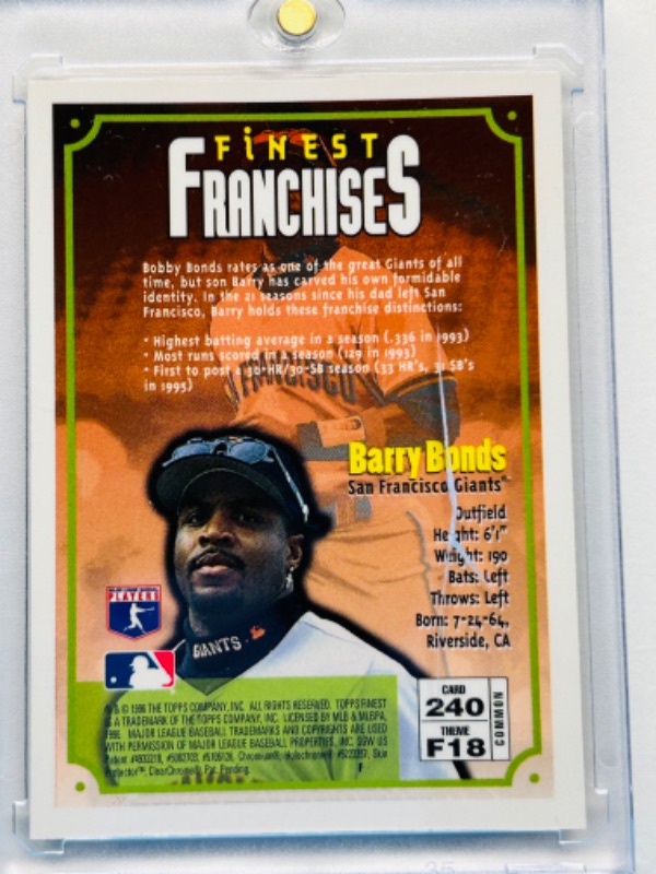 Photo 2 of 811596…topps finest franchises chrome Barry Bonds card in hard plastic case