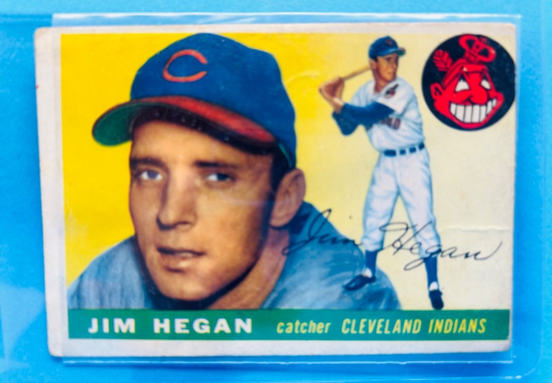 Photo 1 of 811598…vintage 1955 Jim Hegan card 7 in hard plastic sleeve - corner wear from age