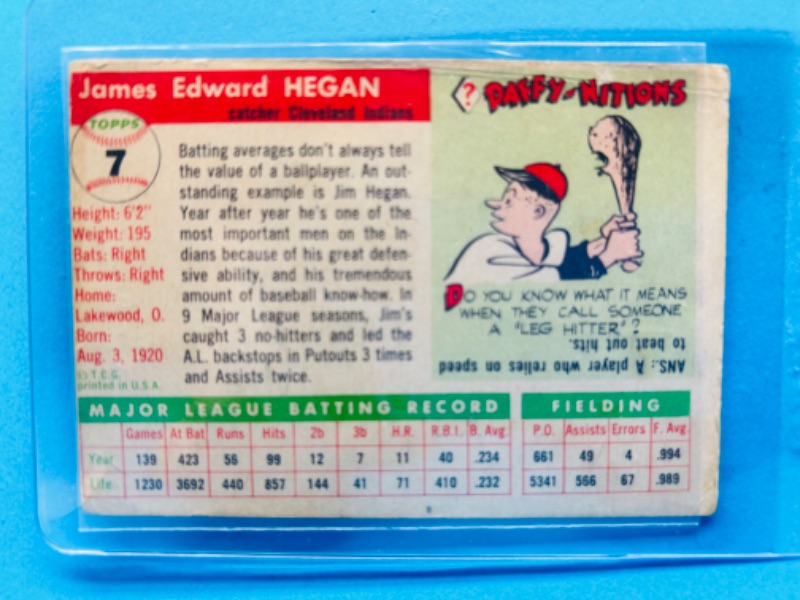 Photo 5 of 811598…vintage 1955 Jim Hegan card 7 in hard plastic sleeve - corner wear from age