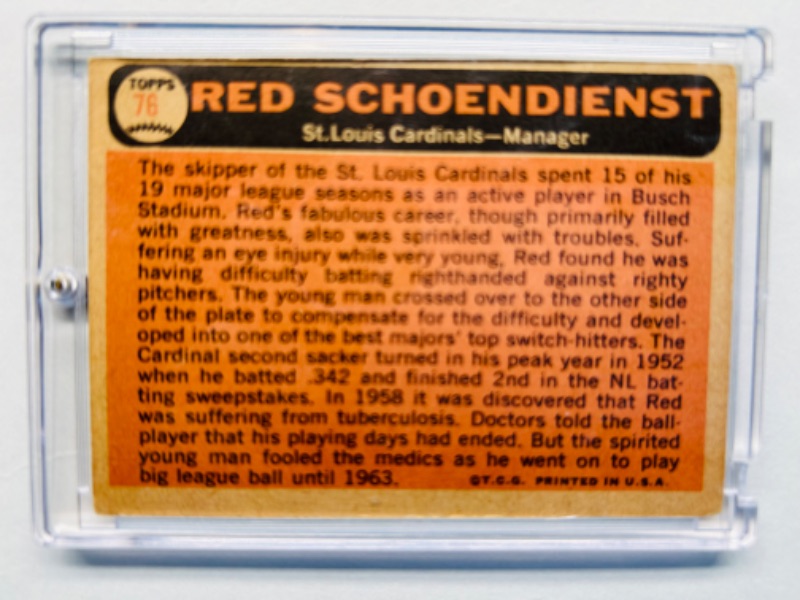 Photo 2 of 811599…vintage 1966 Red Schoendienst card 76 in hard plastic case