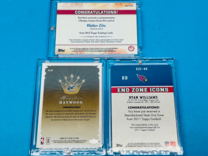 Photo 2 of 811614…3 sports relic cards -pin, jersey, and end zone- in hard plastic cases