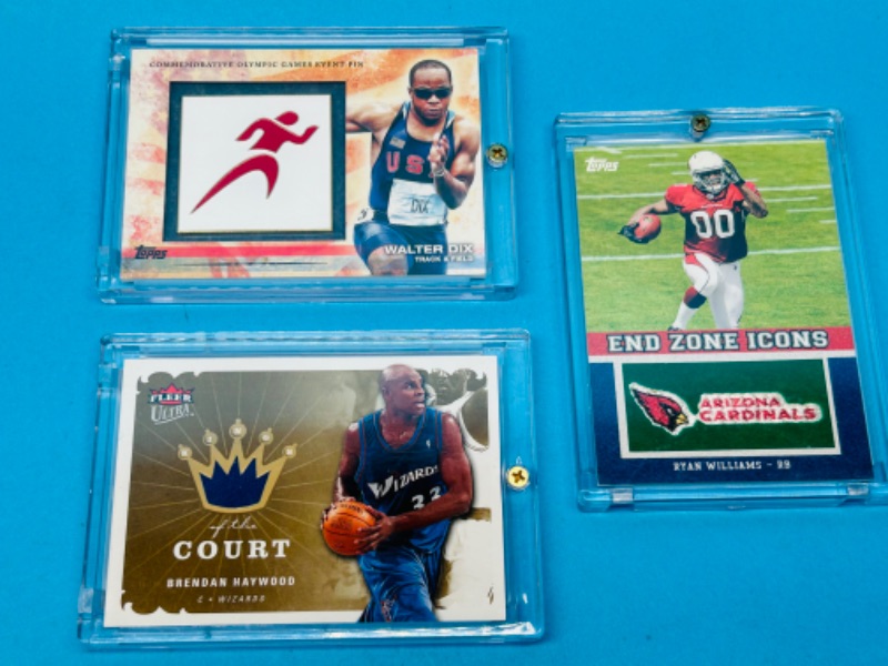 Photo 1 of 811614…3 sports relic cards -pin, jersey, and end zone- in hard plastic cases