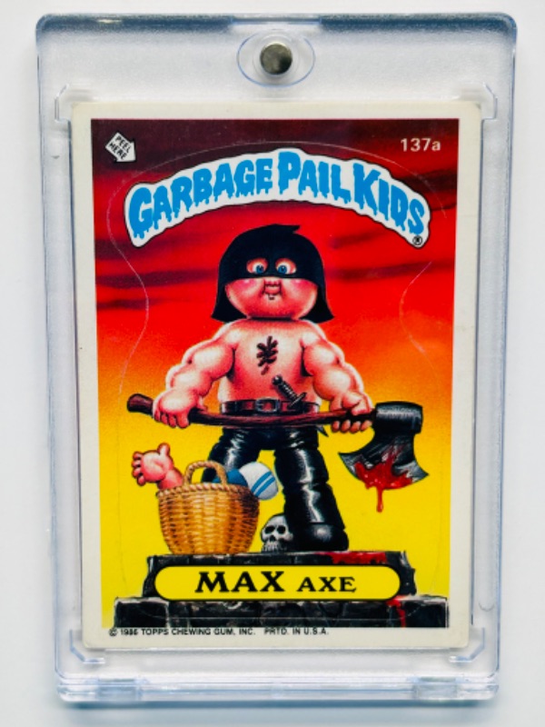 Photo 1 of 811674…vintage 1986 Garbage pail kids Max Axe sticker card  in hard plastic case 