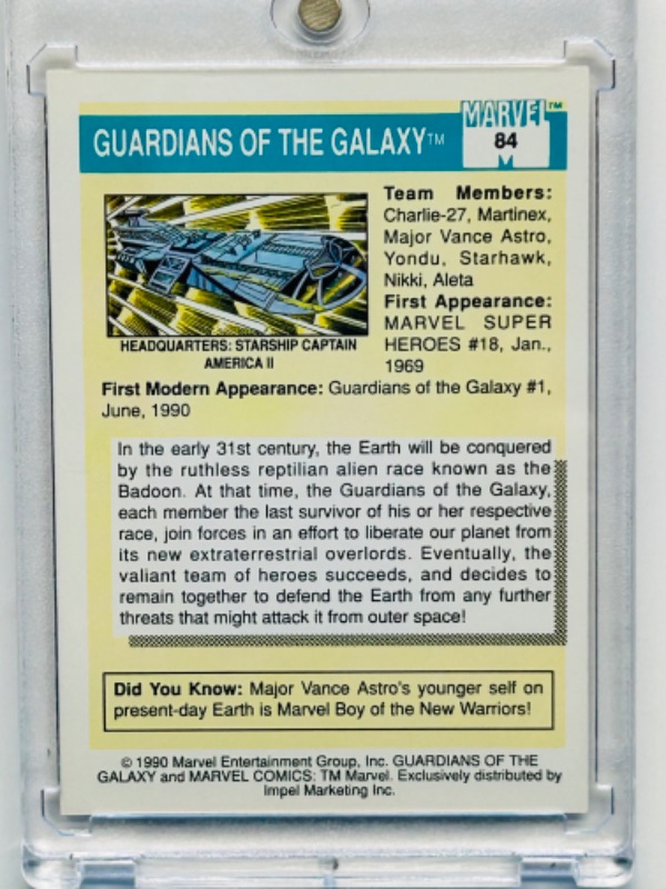 Photo 2 of 811689…Marvel 1990 guardians of the galaxy card 84 in hard plastic case 