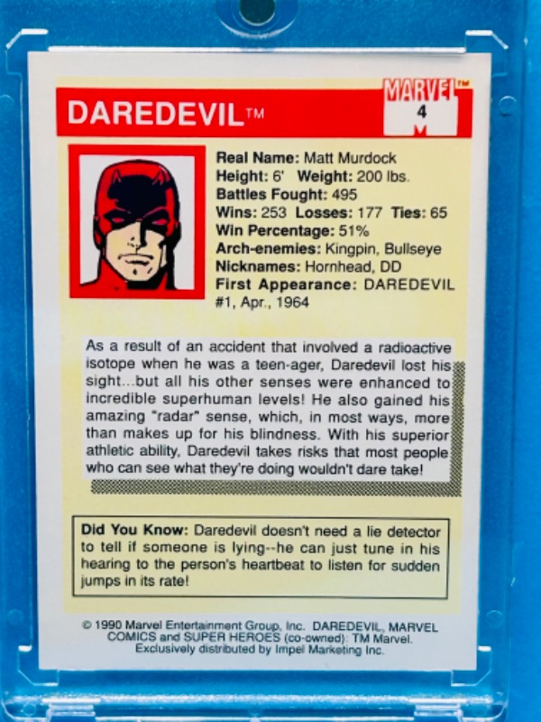 Photo 2 of 811690…marvel 1990 Daredevil card 4 in hard plastic case 