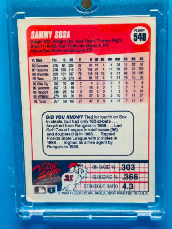 Photo 2 of 811750…Sammy Sosa Rookie card 548 in hard plastic case 