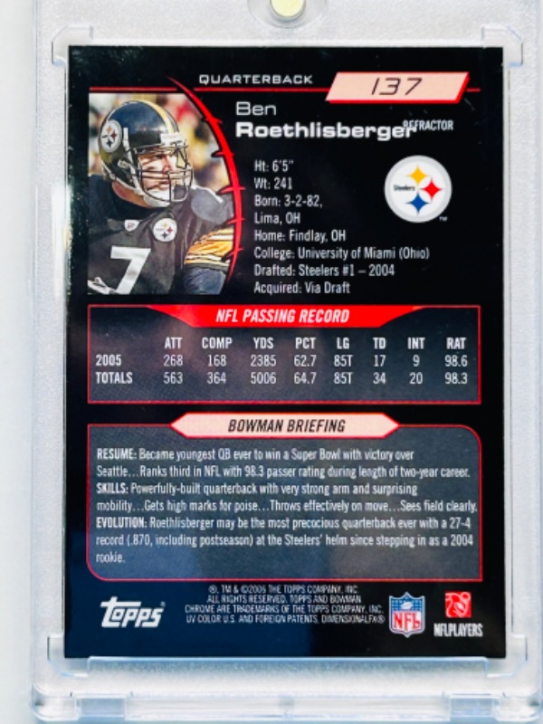 Photo 3 of 811761…bowman chrome Ben Rothlisberger card 137  in hard plastic case 