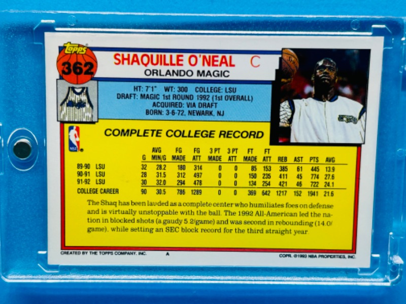 Photo 2 of 811792…topps Shaquille O’Neal Rookie card 362 in hard plastic case 