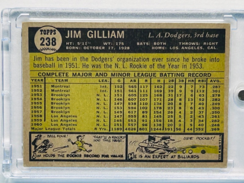 Photo 5 of 811793…vintage 1961 Jim Gilliam card 238 in hard plastic case-wear on corners -stain