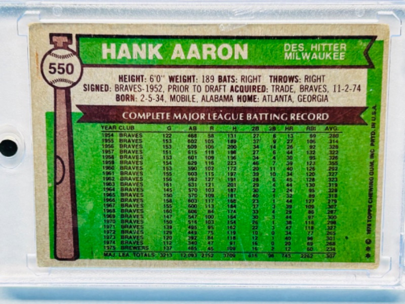 Photo 2 of 811795…vintage 1976 Hank Aaron card 550 in hard plastic case-wear on corners 