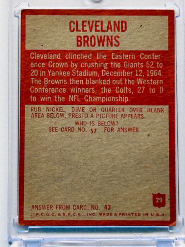 Photo 2 of 811928…vintage 1965 Cleveland Browns team card  in hard plastic case 