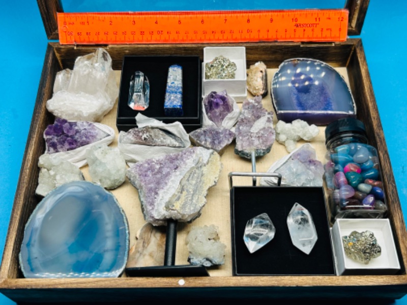 Photo 1 of 811994…huge rock and geode collection in wood box display- agate, amethyst, crystal, stilbite, fools gold(pyrite)