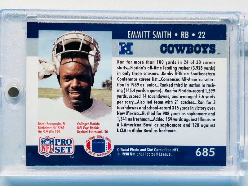 Photo 2 of 812113…Rookie Emmitt Smith card 685 in hard plastic case 