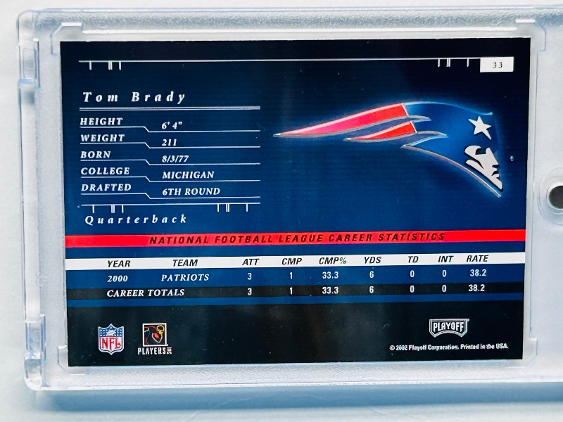 Photo 2 of 812117…Tom Brady playoff preferred card 33 in hard plastic case 