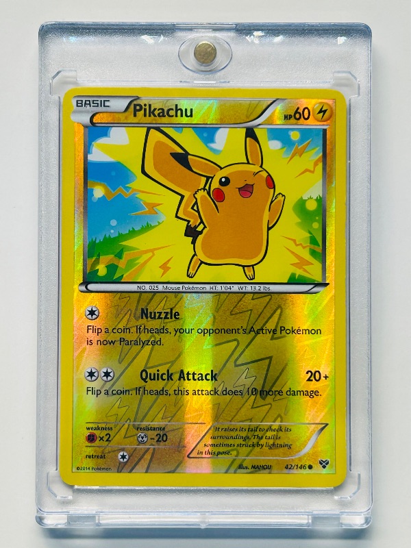 Photo 1 of 812297… Pokémon reverse holo card in hard plastic case Pikachu 