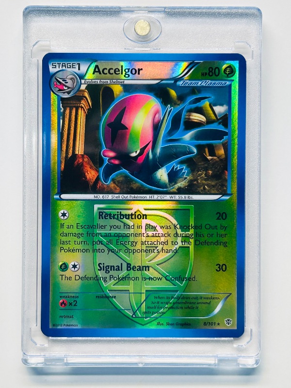 Photo 1 of 812298… Pokémon reverse holo card in hard plastic case Accelgor