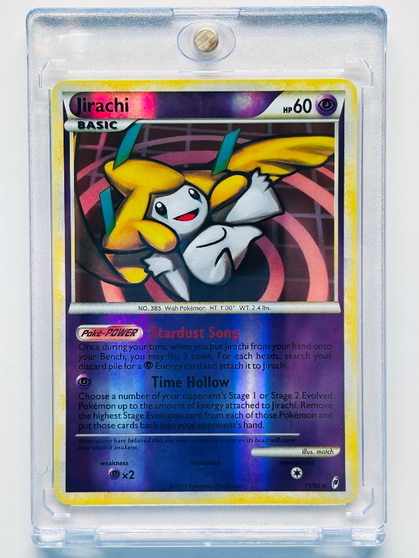 Photo 1 of 812299… Pokémon reverse holo card in hard plastic case  Jirachi