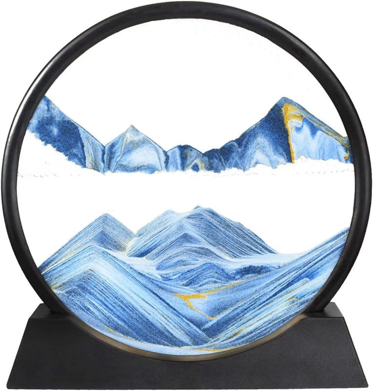 Photo 1 of  Moving Sand Art Picture in Motion, Round Tempered Glass 3D Deep Sea Sandscapes with Display Flowing Sand Frame for Relaxing Desktop Home Office Work Décor for Kids Adults 