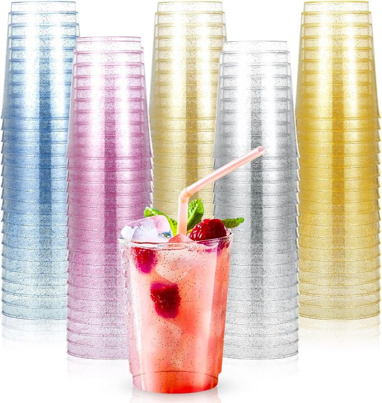 Photo 1 of 150 Pcs 10oz Glitter Plastic Cups Disposable Party Cups Bulk, Clear Heavy duty Wine Cocktail Tumblers Drink Cups for Wedding Christmas Party Picnics Decoration (Gold, Purple, Blue, Champagne, Silver)