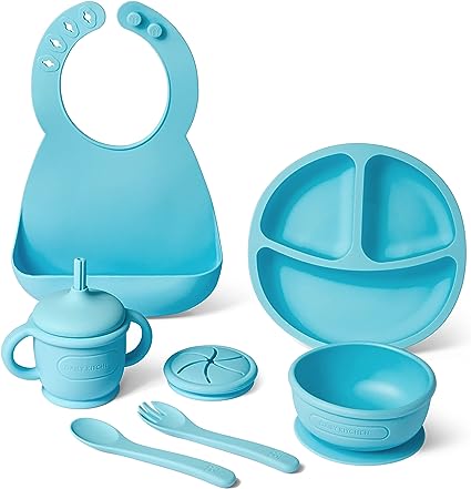 Photo 1 of Daily Kitchen Baby Feeding Supplies 8 Piece Set – Toddler Plates and Bowls Set Silicone Baby Feeding Set for Weaning – Baby Eating Supplies Include Bib, Spoon, Fork, Silicone Cup with Straw
