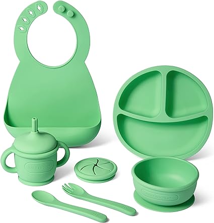 Photo 1 of Daily Kitchen Baby Feeding Supplies 8 Piece Set – Toddler Plates and Bowls Set Silicone Baby Feeding Set for Weaning – Baby Eating Supplies Include Bib, Spoon, Fork, Silicone Cup with Straw
